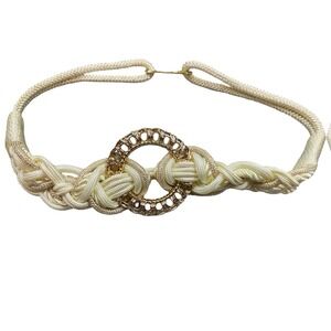 VTG 80s Belt Women's SMALL White Woven Rope Gold Buckle Retro Nylon Hook Light